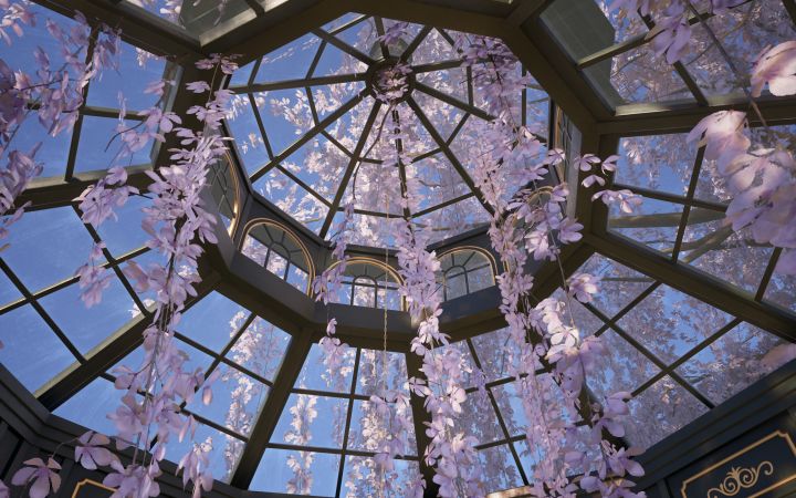 可以试试把花亭放着花树下截图
