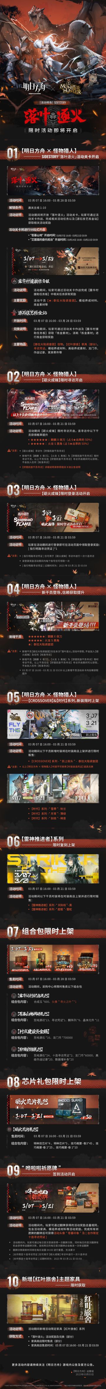 【明日方舟×怪物猎人】SideStory「落叶逐火」限时活动即将开启
一、【明日方舟×怪物猎人】SideStory「落叶逐火」，活动关卡开启
二、【明日方舟×怪物猎人】【砺火成锋】限时寻访开启
三、【明日方舟×怪物猎人】【砺火成锋】限时登录活动开启
四、【明日方舟×怪物猎人】新干员登场，信赖获取提升
五、【明日方舟×怪物猎人】【CROSSOVER】&【时代】系列，新装限时上架
六、【雷神推进者】系
