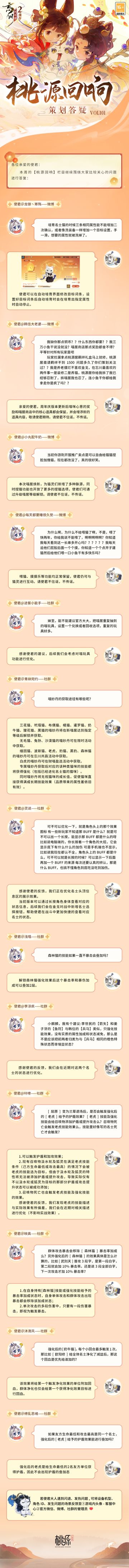 【#桃源回响# 策划答疑Vol.101】
春分雨落，柳岸风斜。春分将在朦胧沁寒的雨雾中到来，忘川二周年庆也将如约而至。本周策划答疑依旧围绕二周年庆相关新内容，使君快来看看吧~
喵居焕新相关、喵玩具功能优化、喵妙丹获取途径、名士头顶信息区展示效果、森林猫技能、猫灵技能强化……使君们关心的问题，都在答疑里。
美好忘川桃源，与君共筑！欢迎使君大人在#忘川风华录二周年# 话题内留下问题和优化建议，小麒麟会