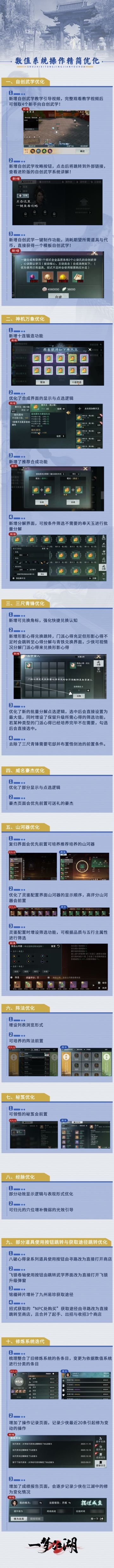 宝宝，你是一个升修不用学，点点点就可以的宝宝！因为——多项数值系统操作简化，大大缩短操作时间、精简操作步骤~
⭐自创武学：新增【教学引导视频】，完整观看就能获得四个好用的新手向自创，更新增【一键制作】快速合成你的自创武学！
⭐神机万象：十连锻造功能上线！新增分解界面，可按条件筛选不需要的奉天玉进行批量分解~
⭐山河器：灵鉴配置界面山河器按照评分顺序显示，高评分山河器顺序前置；新增配置筛选功能，可根