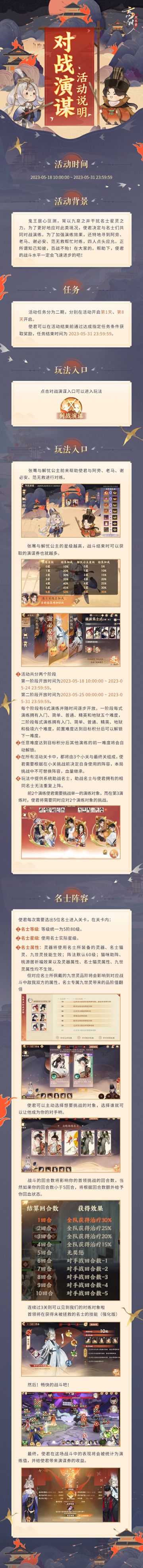 【活动预告· 对战演谋】
《孙子·谋攻篇》有言：“知己知彼，百战不殆。”面对频繁干扰名士星灵的鬼王当如何应对？自是加强演练，提升战斗水平！
限时活动·「对战演谋」将于【2023年5月18日-2023年5月31日】开启！使君大人快来与名士们共同对战演练吧~
小麒麟高亮提示：#第六届金戈至尊# 积分赛现已开启，成功入围积分赛的使君不要忘记参与，勇夺更多积分哦！
☆立即下载游戏：https://drea