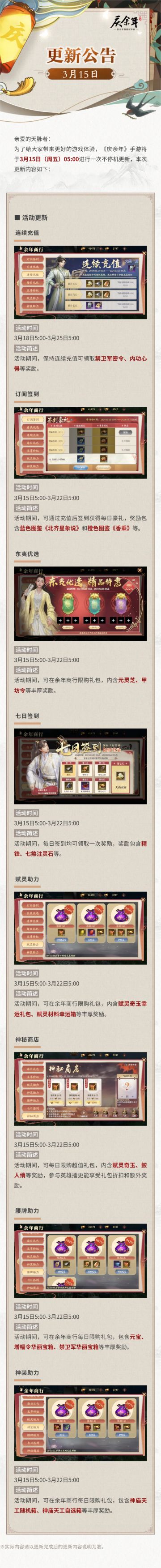 【公告】3月15日更新公告