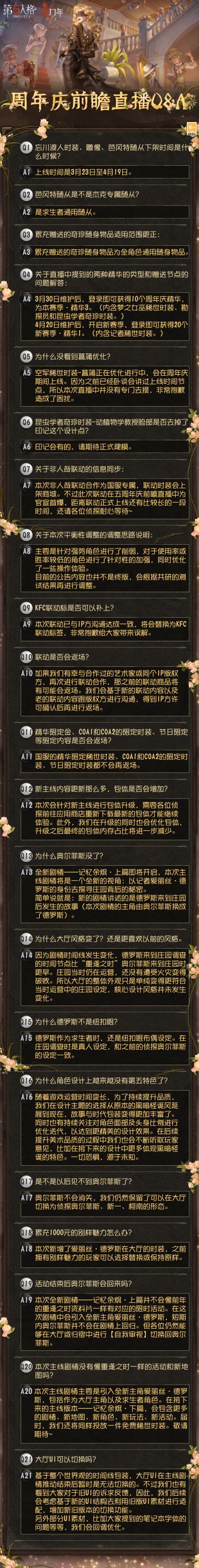 #第五人格#
我们关注到了大家对于周年庆前瞻直播爆料的讨论，并整理了对热门问题的解答。
侦探们可以点击长图查看具体内容，更新的反馈我们也会继续收集查看~