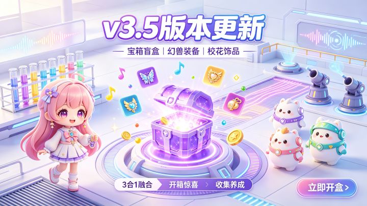# 🎧《我在天台假装打碟》v3.5 更新日志|宝箱盲盒来了!
## 📦 版本简介
v3.5 版本已正式更新!
这次重点加入了大家期待已久的**宝箱盲盒、幻兽装备、校花饰品**系统。
打完关卡不再只是拿奖励,还能开宝箱、攒盲盒、合成更高阶战利品,给你的音乐幻兽和校花角色换上新装备、新饰品。
---
## ✨ 新增内容
### 1. 宝箱盲盒系统上线
战斗通关后,有机会获得不同品质宝箱。
宝箱品质从截图