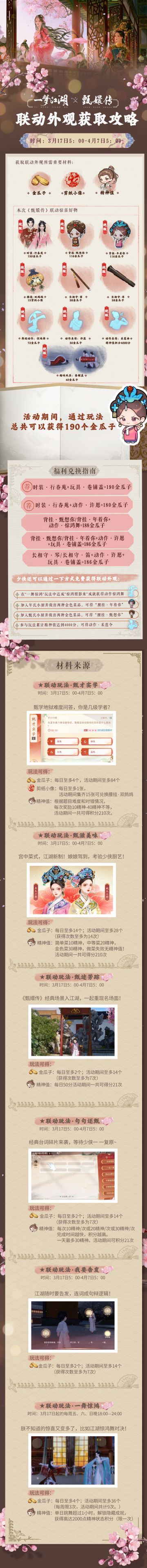 嬛嬛同款时装、娘娘可爱小气球、出圈铺盖卷玩具...超多联动外观都能免费拿？甄嬛联动外观获取指南来袭~
为了让少侠们将此次甄嬛联动的超多免费绝美外观统统带回家，三哥特地制作了详细的获取攻略：奖励总览、玩法介绍、好物兑换指南……点击下方攻略图，轻轻松松把心仪联动外观拿下吧！