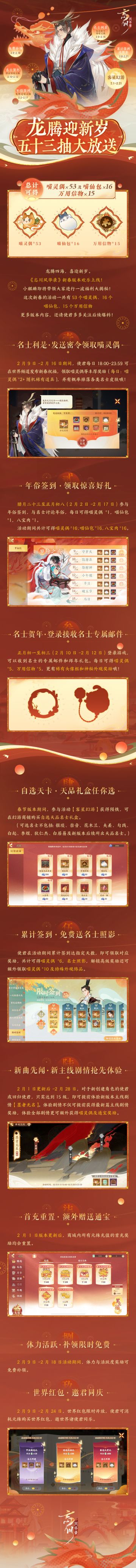 【新春版本即将开启·福利大揭秘】
龙腾迎新岁，福瑞满桃源。新春版本即将欢乐上线，53个喵灵偶大放送！小麒麟率先为使君大人带来一波福利揭秘，使君快来一睹为快~
☆发送新春祝福，概率获取各类名士皮肤！
☆参与签到学民俗，每日领喵灵偶！
☆名士邮件贺新春，赢神秘外观奖励！
☆参与「客星幻游」，兑换【自选天品名士】！
☆累计签到，登录得名士照影！
☆首充奖励重置，补领限时免费！
详情还请使君大人点击长图查