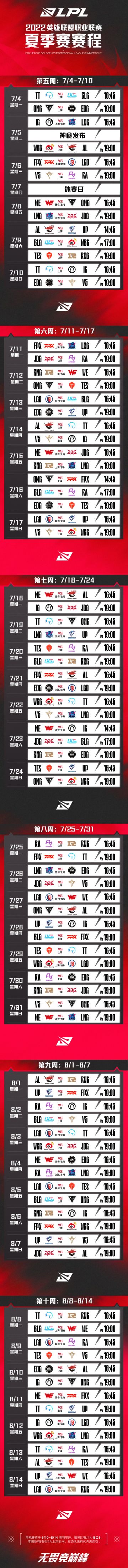 2022LPL夏季赛下半段赛程图更新