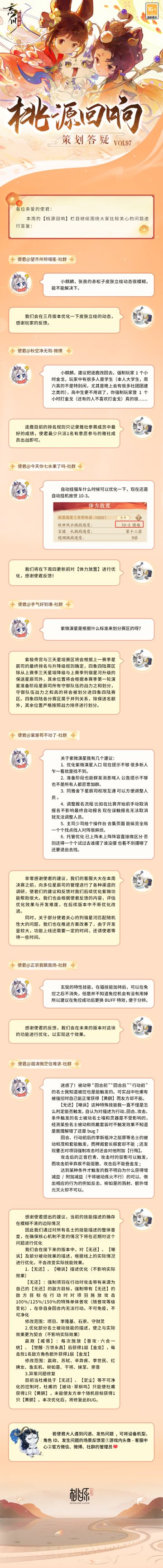 【#桃源回响# 策划答疑Vol.97】
天街小雨润如酥，草色遥看近却无。雨水节气将至，雨量渐增，使君大人出行可不要忘了常备雨伞哟。趁着天气晴好，小麒麟抱来了本周策划答疑，使君大人快来一起看看吧~
皮肤立绘动态、雅社赛季相关、体力放置优化、紫微演星相关、技能描述优化……使君们关心的问题，都在答疑里。
美好忘川桃源，与君共筑！欢迎使君大人在评论区留下问题和优化建议，小麒麟会及时收集反馈。
☆立即下载游
