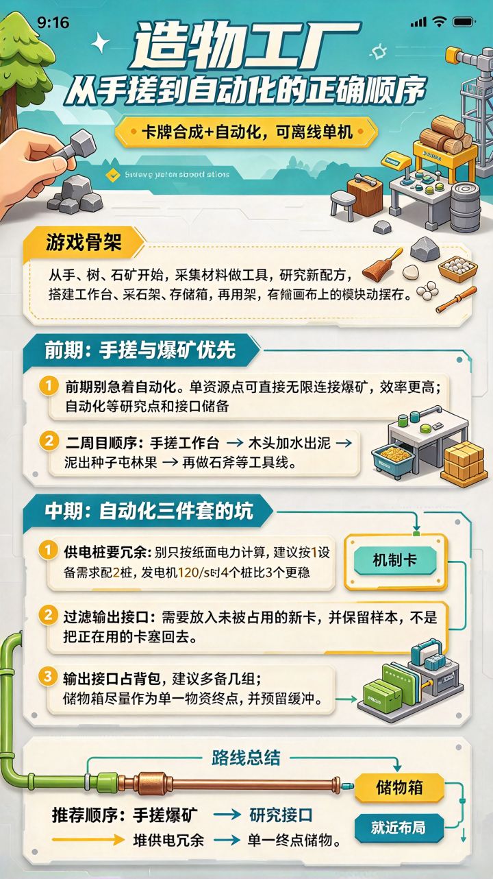 造物工厂 手搓到自动化:前期爆矿优先,供电桩按1:2冗余配截图