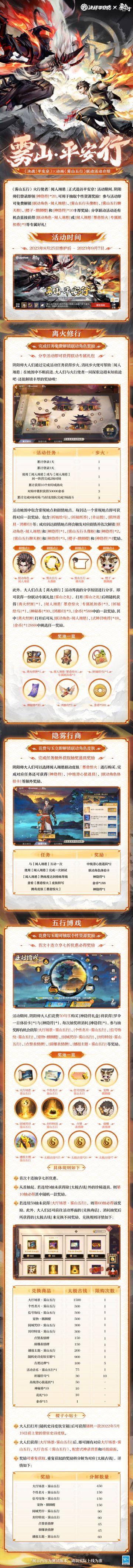 #决战平安京雾山五行联动##平安京夏日庆典#
魅影幢幢，百兽恣行，
风卷云涌，妖异四起，
深山崎岖，谜团丛丛，
迷雾背后，真相为何？
8月25日，《决战！平安京》×动画《雾山五行》联动即将开启，联动活动同步上线，参与活动首日即可免费解锁[联动角色·闻人翊悬]！详情请戳下图↓↓