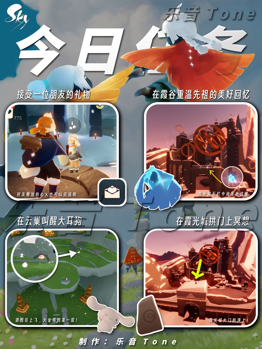 2024-05-06 Sky光遇今日任务
#光遇每日任务# #图文攻略# #光遇# 
今日任务/季节蜡烛/复刻先祖/旅行先祖/大耳狗/玉桂狗联动代币位置/
1️⃣玉桂狗联动活动代币「31天」
⌛️〈4月28日00:00-5月18日23:59〉
📍地点：云巢/云巢咖啡厅☕️
⚠️每日可以获得5枚代币
『活动截止至今已有代币：45枚』
«全勤155枚 毕业需要77枚 »
⚠️本次活动没有「试用魔法」！截图