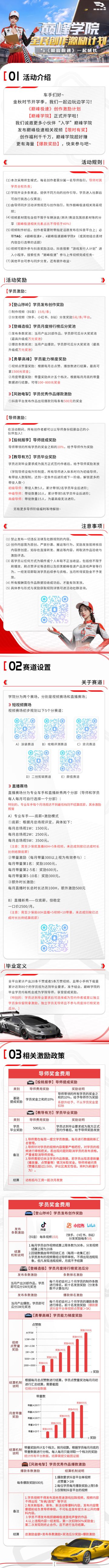 巅峰创作者招募中！加入『巅峰学院』学内容创作，投稿瓜分万元奖池！
《巅峰极速》创作激励计划『巅峰学院』正式开学！（大水浇头）稳辣稳辣！看到这篇内容的车手们全部都稳辣！跟上小极的节奏，去『巅峰学院』学几个手艺，直播or投稿短视频任你选择，这里有导师带你一路发育，边学边搞钱！毕业后还可成为导师，不断升阶解锁超多导师阶级福利，你不稳谁稳！！！（咆哮）
学院共分为视频和直播两个赛场：
🏁视频赛场：在各平台