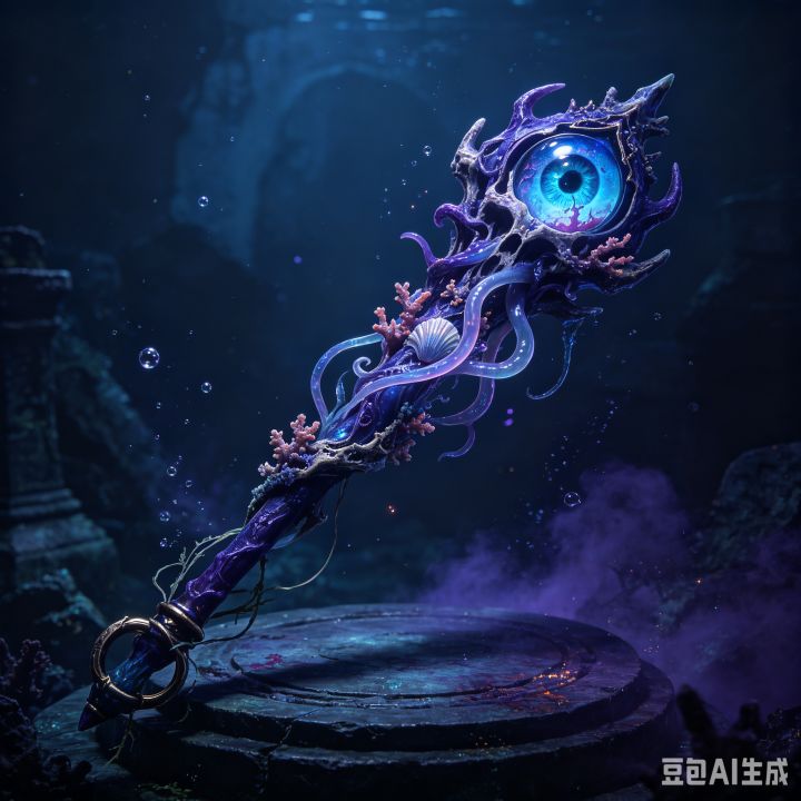 装备名字：深潜低语
装备部位：武器 
武器装备描述：一把来自海底遗迹的古老法杖，杖身缠绕着褪色的珊瑚与未知触须纹路，顶端嵌着一枚永远湿润的幽蓝眼球状晶石。它不像普通武器那样只依靠元素伤害，而是能在战斗中逐步侵蚀敌人的理智，让目标在混乱中承受持续损伤。
武器效果：攻击命中时叠加“低语印记”，印记达到3层后使敌人陷入短暂混乱，并持续受到腐蚀伤害；对被控制目标造成额外真实伤害。
外观：深蓝与暗紫为主色，截图
