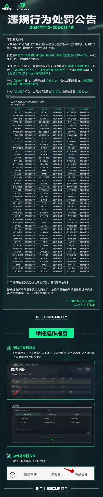 《三角洲行动》违规行为处罚公告（11.13~11.19)