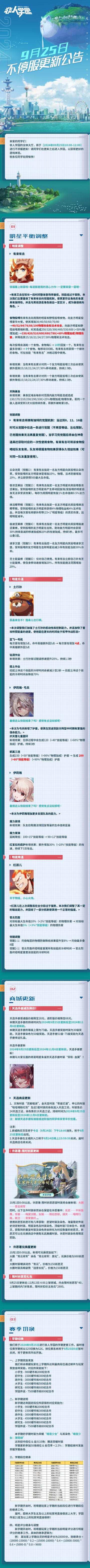 #非人学园 
【9月25日不停服更新公告】重点如下~
⭐明星平衡调整：有来有去、土行孙、伊莉雅·弓兵、伊莉雅、红孩儿等调整。
⭐商城更新：
天选手册更新，减负降价！本期天选手册的持续时间为2024年9月25日更新后至2024年11月6日更新前，与大家见面的将是明星朱雀的天选手册时装【异轨·血翼】！
天选商店更新！文殊时装【灵鲸啜浪】、金光圣时装【零度烂漫】、申公豹时装【哈哇咦粉红豹】及这3套时装的
