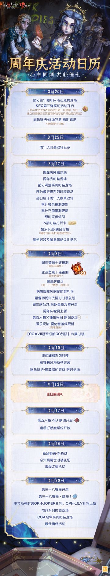 七周年活动日历请查收！ 周年登录十连和亚运登录十连福利将于4月3日维护后发放，访客们记得上线领取哦~ #第五人格七周年 #第五人格 #心率同频共赴佳七