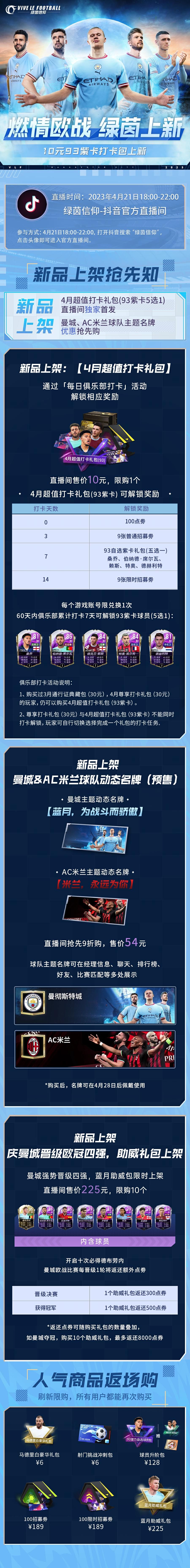 欧冠四强出炉！为庆祝曼城晋级欧冠四强，4月21日绿茵信仰官方直播间上架【蓝月助威包】！人气商品、限时秒杀，还有直播间惊喜福利等你来拿~
☆超值打卡礼包首发：93自选紫卡球员（5选1）累计打卡7天即可解锁；
☆动态名牌预售：曼城&AC米兰动态名牌优惠抢先购；
☆蓝月助威包上架：曼城欧战晋级，返还额外点券，详情规则请前往直播间了解；
☆人气商品返场购：刷新限购，100张限时招募券、球员升阶包等好物限时截图