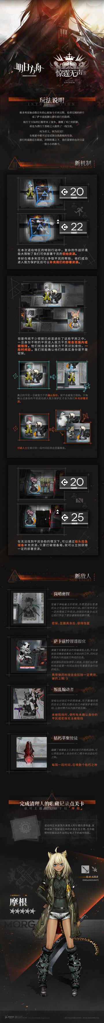 维多利亚脉动数百年的心脏如今不再完整，伦蒂尼姆的碎片成了萨卡兹抵御公爵们前行的阻碍。
航行于天际的巨艇带来了战争，播撒了死亡的阴影，却也为潜行于黑暗之人提供了一线生机。
何为君王，何为臣民？在炼狱中都不过是试图自我救赎的生命。
前行的道路近在眼前，封锁铁幕之下，我们需要的也许只是一股小小的推力。