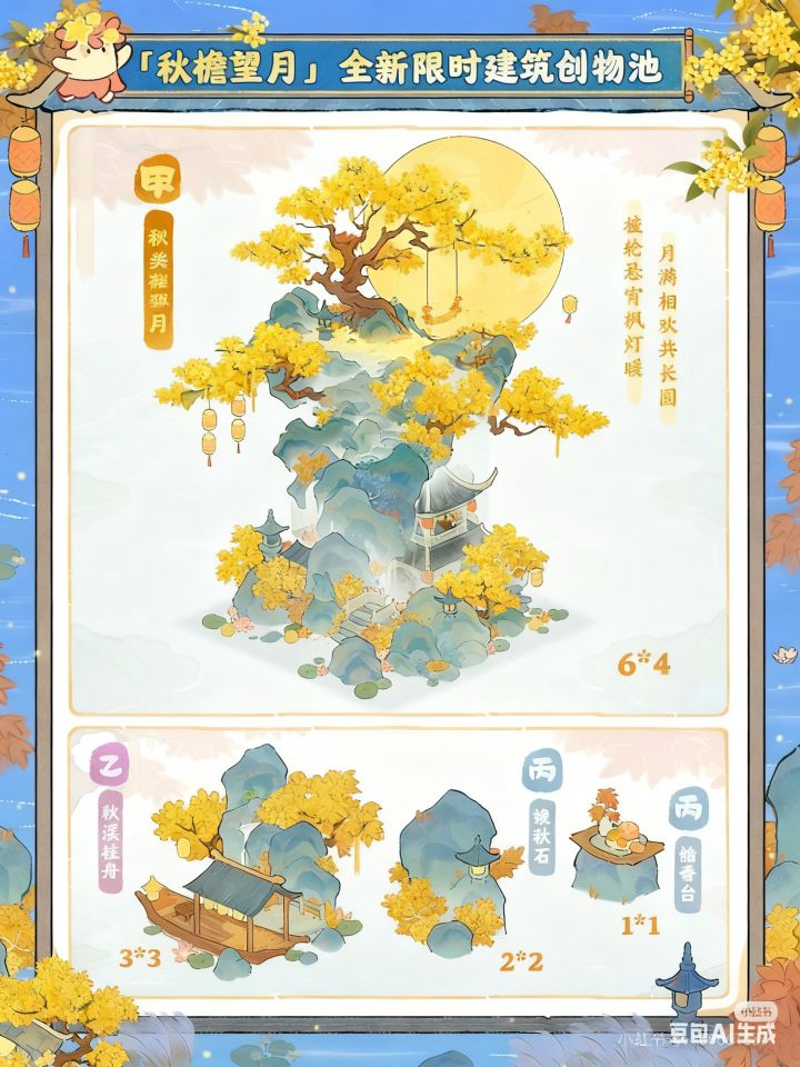 去豆包那改了一下,换成了金色桂树,中秋佳节的氛围一下子有了,这个红枫真的太敷衍了截图