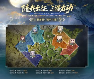 「镜中三国」主题服即将开启，虚拟主播落州情况一览！
镜中三国，虚实争锋！4月26日中午12点，《三国：谋定天下》「镜中三国」主题服将震撼开启！乱世风云涌，这一次，40位虚拟主播将披甲上阵，与主公共逐山河！下面为大家带来了各服务器的落州布局，助力各位主公抢占先机！
服务器：镜中三国1
魏武柱石队
阿萨Aza（曹操）落州：青州
雪绘Yukie（郭嘉）落州：徐州
诺莺Nox（典韦）落州：兖州
暗送秋波队