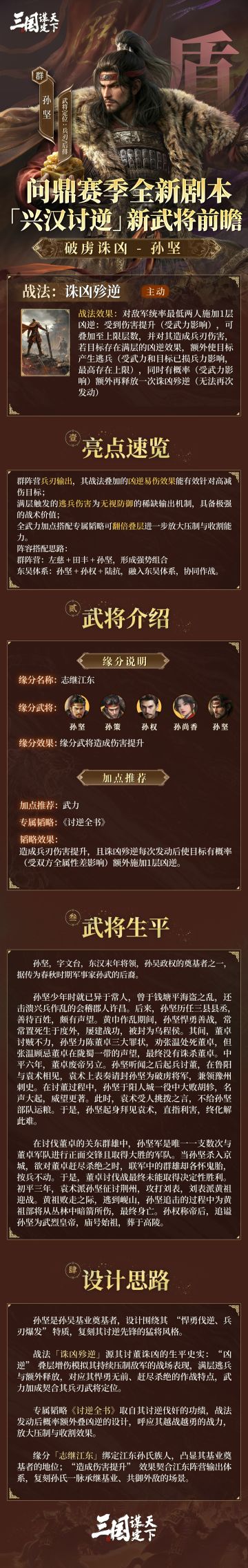 #三国谋定天下 #三谋新剧本兴汉讨逆 #三谋开年简直一马当先 #三谋马年新春爽送150抽 
问鼎赛季全新剧本「兴汉讨逆」新武将前瞻 | 破虏诛凶·孙坚
今天乔妹为大家揭晓的是问鼎赛季全新剧本「兴汉讨逆」全新武将——「破虏诛凶·孙坚」。
▼以下为全新武将的详细信息