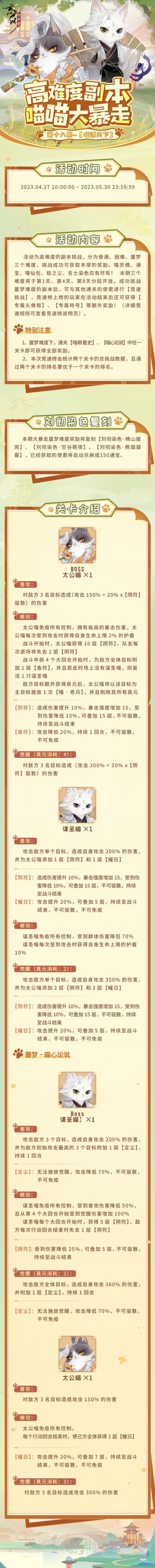 【第十八期喵喵大暴走·喵谋天下】
「高难度副本·喵喵大暴走」第十八期【喵谋天下】将于2023年4月27日-2023年5月30日开启！普通、困难、噩梦三个难度分段开放，挑战成功即可获取丰厚奖励哦~喵灵偶、通宝、喵仙包、极之尘、名士染色应有尽有！
使君大人成功挑战噩梦难度的副本后，还可与其他通关的使君进行竞速挑战，赢取「专属头像框」、「专属称号」等额外奖励！
小麒麟温馨提示：本次活动噩梦难度奖励将复刻