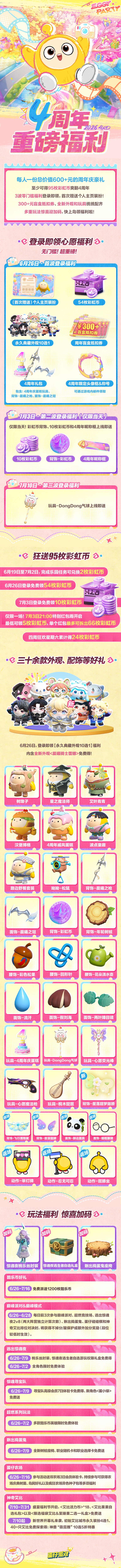 6月26日《蛋仔派对》四周年庆典重磅开启！🎉重磅情报汇总完毕，速来查阅！[表情_开心]
—————
P1：海量福利汇总
P2：重磅惊喜上新
P3：玩法最新爆料
P4：乐园&电竞新动向
P5：品牌合作情报
#蛋仔派对四周年 #蛋仔派对 #守卫蛋仔岛截图