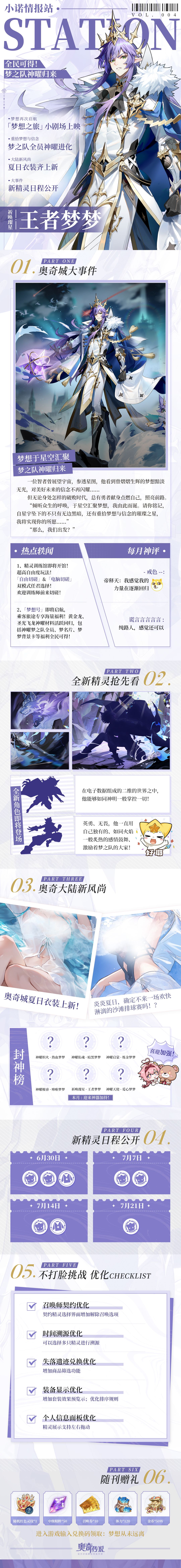 小诺情报站vol.004
于星空汇聚梦想
一场属于梦梦和奥奇的「梦想之旅」即将启航
全新版本「梦想启航」6月30日开启
快和小诺一起看看旅途将有什么全新的故事吧！↓↓↓截图