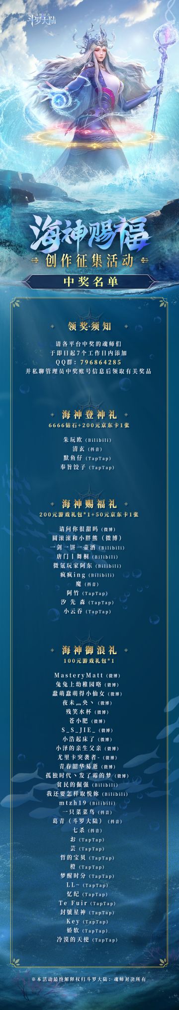 【海神赐福】海神赐福活动中奖名单公布