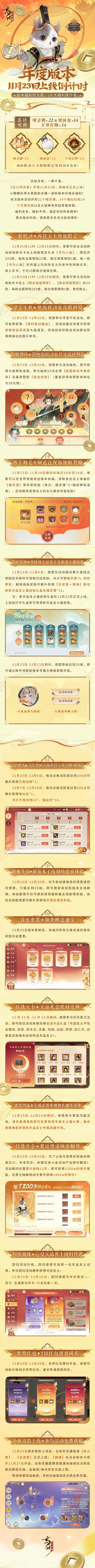 【全新年度版本11月23日即将开启·福利抢先看】
日将月就，一瞬千里。11月23日《忘川风华录》手游将上线年度版本！全新联动即将开启，新天品名士「绝版限定皮肤、照影」惊喜登场！还有诸多版本福利，共计22个喵灵偶、14个喵仙包、14个万用信物以及大量稀有奖励待使君收入囊中~
☆【新联动】全新天品名士「绝版限定皮肤、照影」即将发售！
☆【限时签到】登录领天品名士及「联动款名士猫皮肤」！
☆【绝版联动家