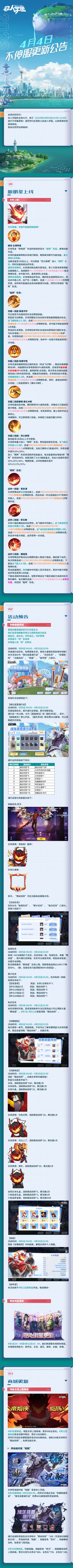 #非人学园##S20：燃阵再临#
【4月4日不停服更新公告】重点如下~
⭐新明星上线：新明星炎帝上线，“让我们化身星辰，手握光与炎一同战斗吧！”
⭐活动预告：4月4日至25日，【非都假面传说】活动开启，活动共6个模块；完成每周任务，提升通行证等级，即可领取传说级时装【祝融】等诸多奖励；在活动期间，非都剧院每天更新一章节，观看即可领取“燃焱纹碎”兑换炎帝；装甲室将于4月12日更新后开启。
⭐商城更新