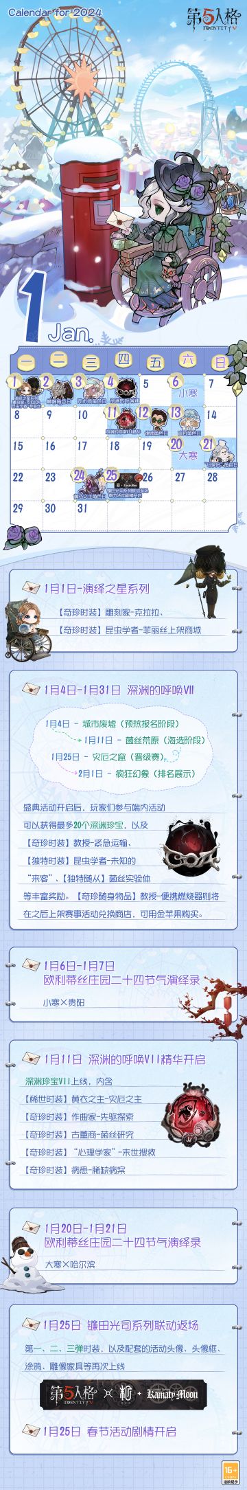 2024年的第一份日历来啦！
深渊的呼唤VII盛典活动即将开启，大家准备好了嘛？
#第五人格日历##1月#