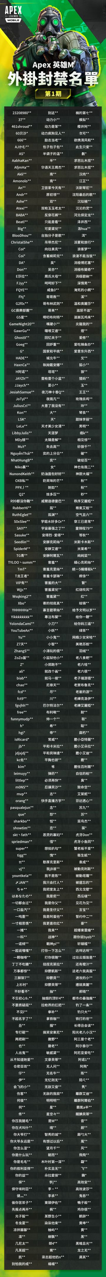 【安全公告】Apex手游封禁名单第一期