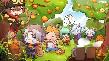 #非人学园##S21：夏日如歌#
沁香绿茶冒出氤氲热气，
金秋已至，成熟的果实遍布丛林！
九月的寿星们来到果园里露营，享受采摘的乐趣——
悟空灵活的尾巴卷下一颗颗饱满的橘子，
在06号的帮助下已经装满了几箩筐！
甜丝丝的香气萦绕在空气中，
是谁在“摸鱼”，对着蜂蜜虎视眈眈？
秋日的丰收之旅仍在继续！快背上行囊一起加入吧！
—————— ฅ՞••՞ฅ———————
哟呼！非人学园官方QQ群现已建立！