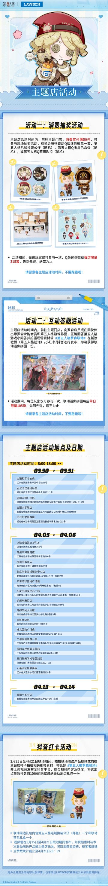 第五人格 × 罗森LAWSON 联名主题店将于3月25日陆续上线，特定时间内还将开启主题店活动：
* 主题店活动时间内，前往主题门店，消费实付满50元，可参与现场抽奖活动，有机会获得联动Q版迷你徽章一套或多款第五人格官方周边奖励；
* 主题店活动时间内，庄园伙伴还将闪现庄园联动便利店，前往主题门店，找到罗森店员或庄园伙伴，完成小任务还可获得联动迷你拼图一份；
更多主题店活动内容以及详情，也请关注L