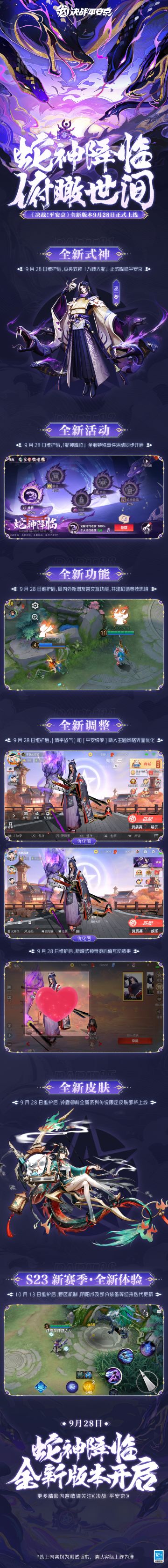 #决战平安京蛇神降临版本#☆前瞻情报汇总☆
《决战！平安京》「蛇神降临」全新版本9月28日维护后正式上线！版本前瞻情报樱子都为大人们汇总好啦~戳图即可获取>>>
【樱子小贴士】
▷全新式神
9月28日维护后，巫类式神「八岐大蛇」正式降临平安京
▷全新活动
9月28日维护后，「蛇神临世」全服特殊事件活动同步开启
▷全新功能
9月28日维护后，局内外新增友善交互功能，共建和谐竞技环境
▷全新调整
9月