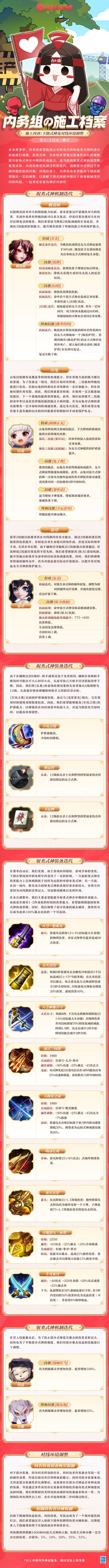 #决战平安京##内务组施工档案#
在本赛季中，内务组希望能通过对射类式神和祝类式神的部分机制与下路防御塔进行调整，以缓解下路式神前中期过于容易被越塔封印的问题。樱子为大人们奉上最新的施工情报，一起来看看都有哪些内容吧~
▷本期内容
-祝类式神机制迭代
-祝类式神装备迭代
-射类式神装备迭代
-射类式神机制迭代​
-对线环境调整​
详情请戳长图查看↓↓↓