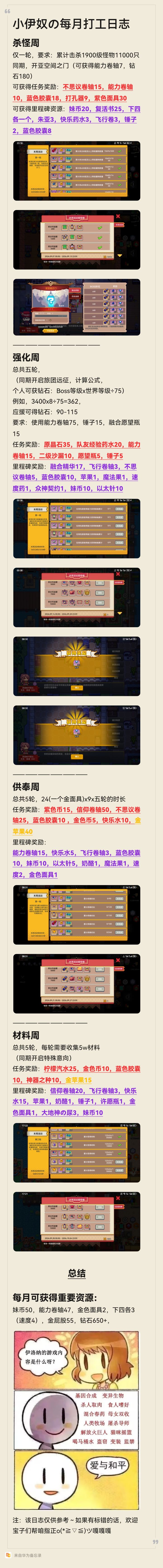 诶嘿~统计了一个月,伊奴每月可获资源如下截图