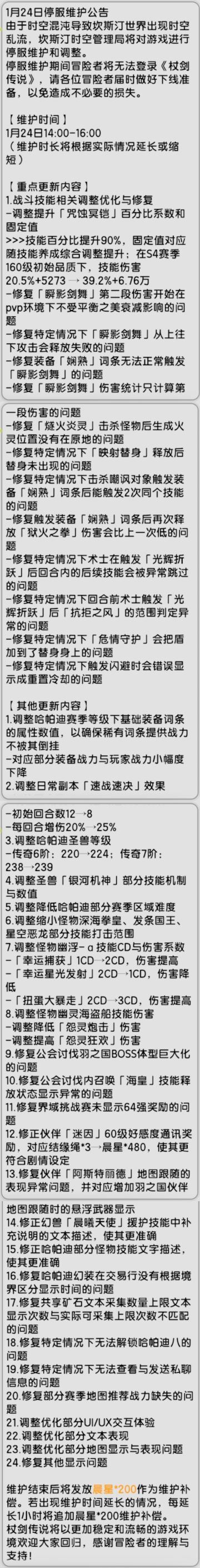【杖剑传说】1月24日先遣服更新公告