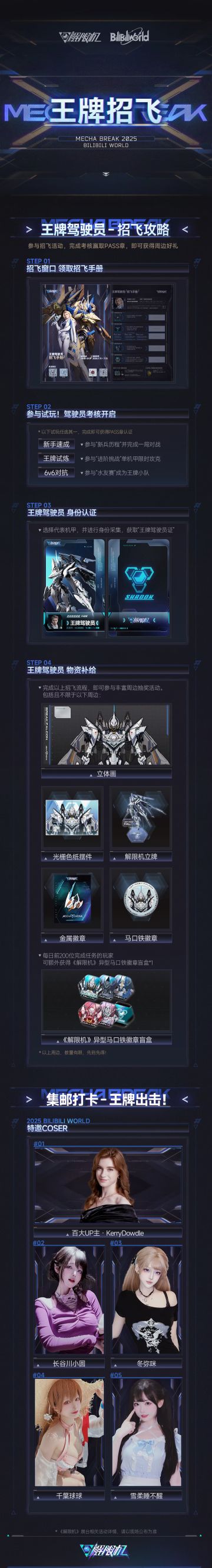 #解限机 参展BilibiliWorld2025情报揭秘 ！一起成为王牌驾驶员吧！
【展位信息】
开放时间：7月11日-7月13日，每日8:30-17:00
展位坐标：上海国家会展中心，3号馆3A19展位
【展位情报】
王牌招飞：参与现场试玩体验，认证王牌驾驶员，获得限量周边！
限定周边：矛隼特装型典藏礼盒限量发售！丰富周边新品首次登场！
集邮打卡：驾驶员Coser王牌出击！COS驾