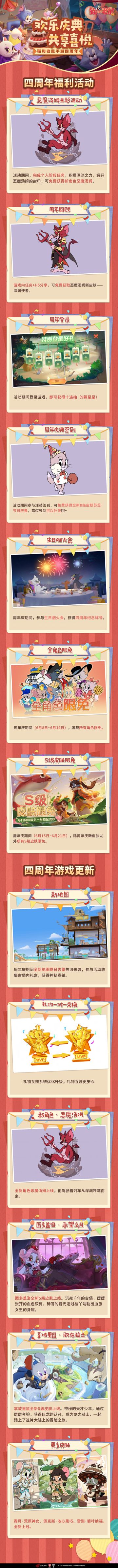 亲爱的小伙伴们，《猫和老鼠》手游4周年盛典已经开启啦！欢乐盛宴，共享喜悦~丰富多彩的周年活动已备好！
在活动期间，不仅有新角色、新地图的更新，还有多款精美皮肤的亮相哦！此外，我们也准备了一大波周年福利活动，让小伙伴们能尽情享受这场欢乐盛宴！各位小伙伴快来看看呀~