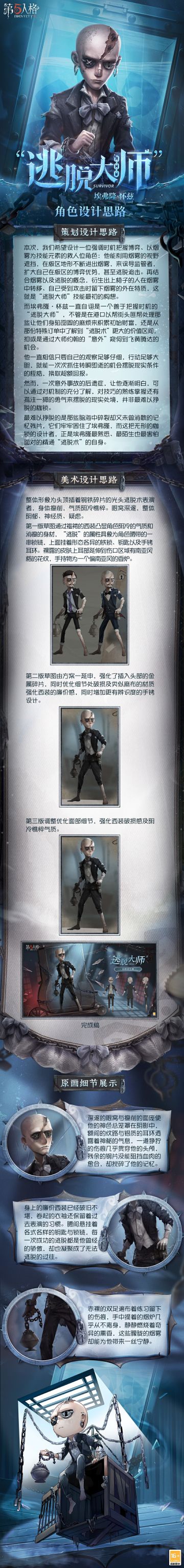 一次失败的逃脱术表演为埃弗隆·怀兹留下了难以愈合的豁口，但最终，医学的福泽为他填补了躯壳上的，信仰的迷烟为他填补了灵魂上的，而在收到那封邀请函后，他相信，在那座庄园里，一定有什么东西能为他填补记忆上的。 全新【求生者】“逃脱大师”的角色设计过程分享来啦！ #逃脱大师 #第五人格设计思路