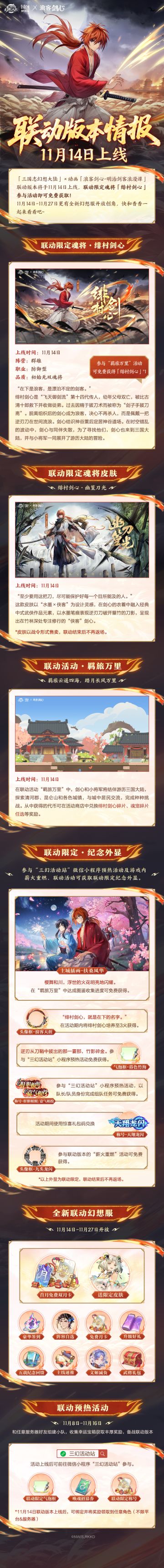 版本情报丨《三国志幻想大陆》×动画《浪客剑心 －明治剑客浪漫谭－》联动11月14日上线！联动内容抢先看！