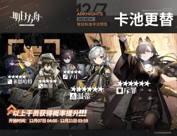 ​【常驻标准寻访】
起止时间：12月7日04:00 ~ 12月21日03:59
寻访说明：常驻标准寻访更新，该寻访中以下干员获得概率提升；
★★★★★★：斥罪 / 温蒂（占6★出率的50%）
★★★★★：莱恩哈特 / 断崖 / 子月（占5★出率的50%）
更多后续活动内容及最新消息请关注《明日方舟》游戏内公告、官网及双微，感谢大家的支持