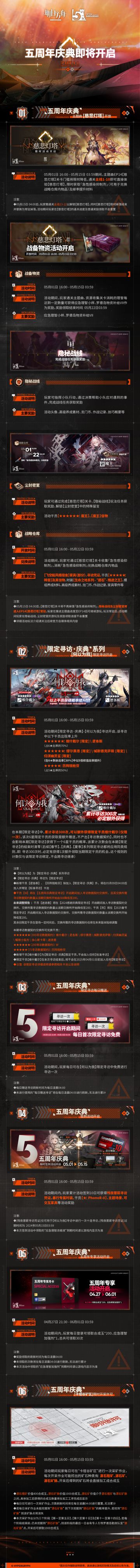 《明日方舟》五周年庆典即将开启
五周年庆典活动 Part.1
一、「五周年庆典」，主题曲【慈悲灯塔】开放
二、【限定寻访·庆典】系列，【何以为我】限定寻访开启
三、「五周年庆典」，限定寻访每日赠送
四、「五周年庆典」，签到活动开启
五、「五周年庆典」，五周年专享活动开启
六、「五周年庆典」，卡钳谷矿区限时开采许可
七、【慈悲灯塔】开放纪念，“再战激励”活动开启
八、「五周年庆典」，升变系统更新
九
