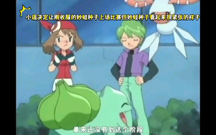 精灵宝可梦 小遥决定让刚收服的妙蛙种子上场比赛但妙蛙种子看起来很紧张的样子截图