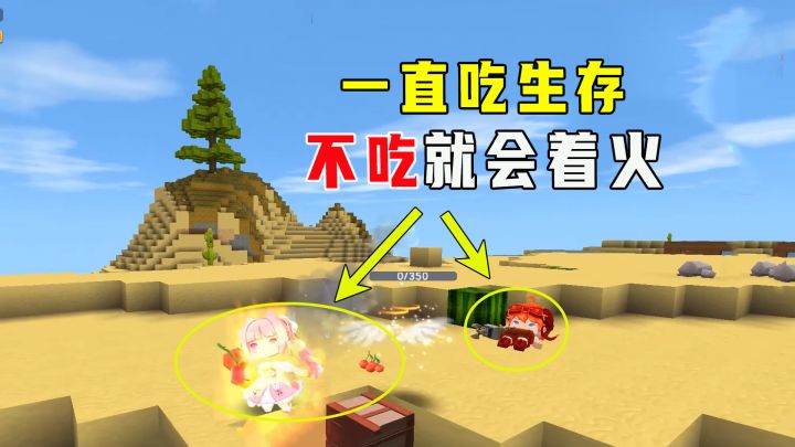 迷你世界:一直吃生存,不吃东西就会着火,妹子边吃边拉催熟西瓜截图