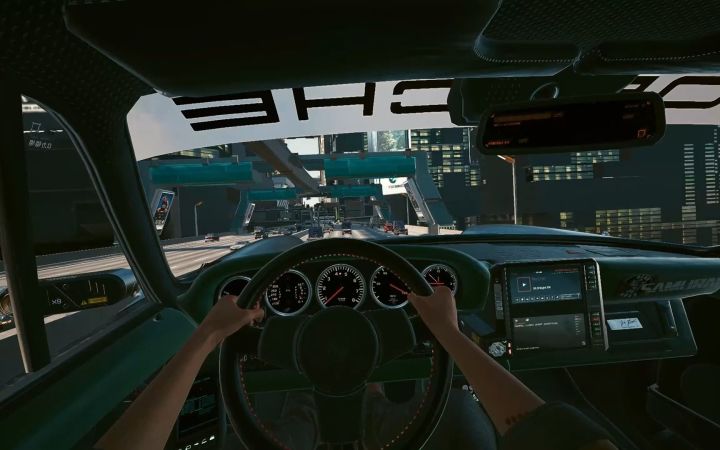 《赛博朋克2077》VR Mod下的飞行汽车截图