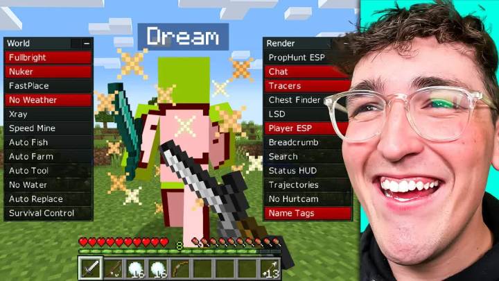 我秘密地使用一个HACK客户端愚弄我的朋友在Minecraft截图