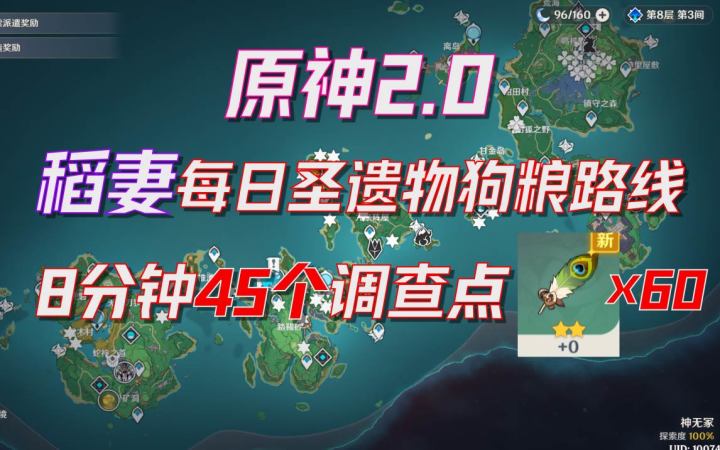 【原神2.0】稻妻每日圣遗物狗粮路线!8分钟45个调查点!每天白嫖2.5W+经验截图